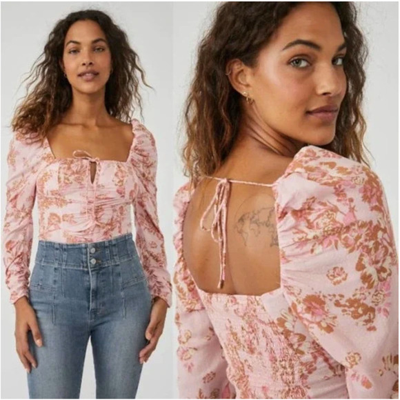 Free People NWT Floral Hilary Puff Sleeve Square Neck Top Pink Small OB1569574 - Picture 1 of 11